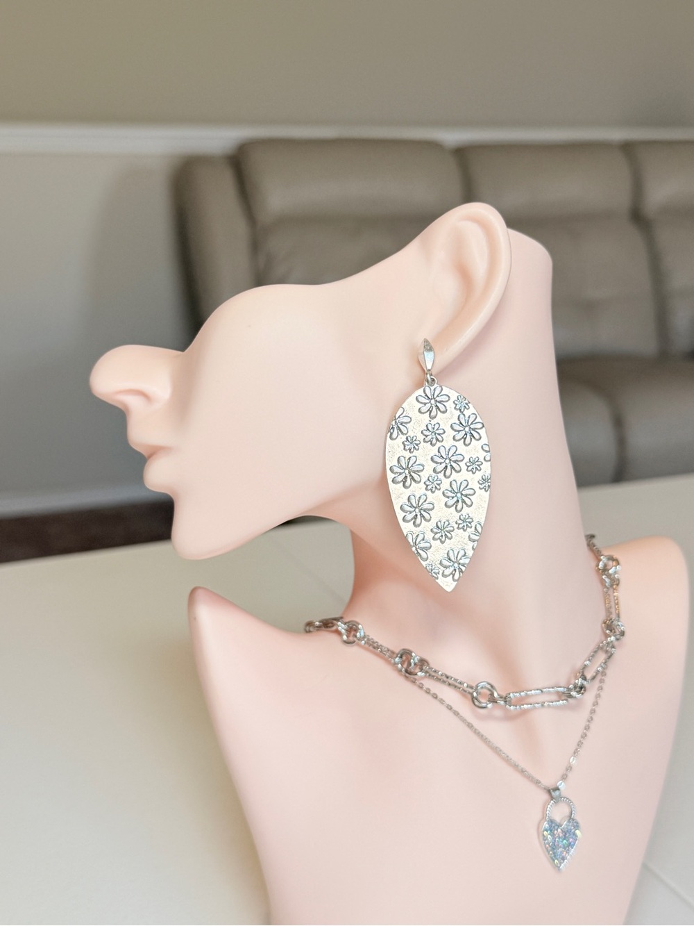 Silver Floral Teardrop Dangle Earrings
